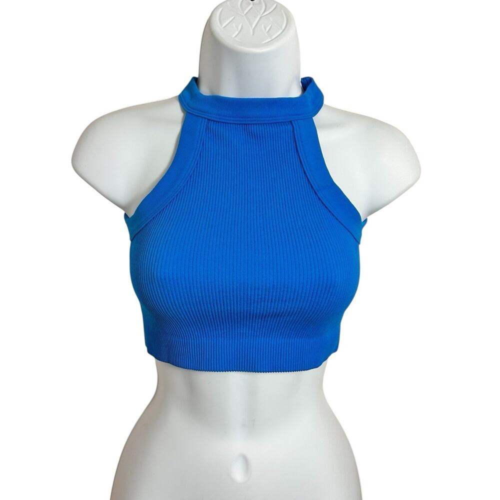 Cotton On Blue Ribbed Crop Tank Top Sz XS/S High Neck Stretch - Picture 4 of 5